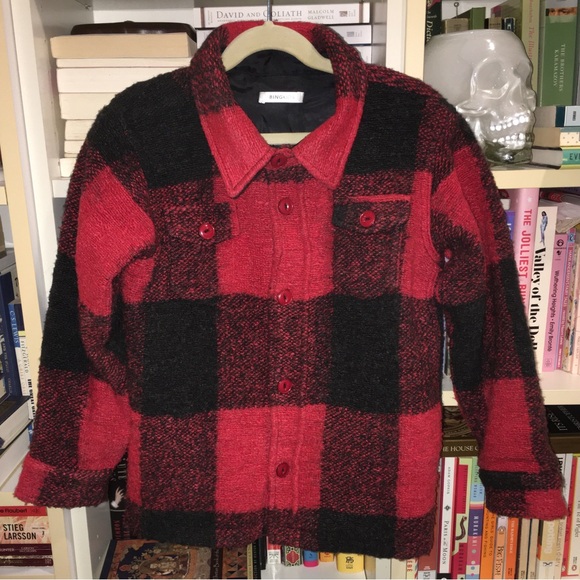 Anine Bing Kids Bobbi Unisex Red Black Buffalo Check Plaid Jacket Coat Shacket - Picture 2 of 13